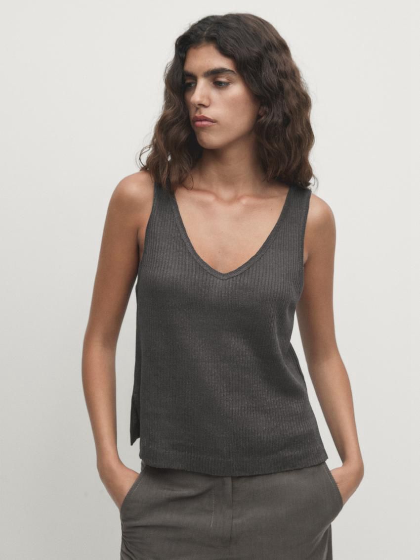 Massimo Dutti Linen Strappy Women Top Dark Grey | US-IB0739624