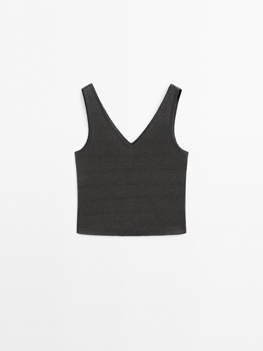 Massimo Dutti Linen Strappy Women Top Dark Grey | US-IB0739624