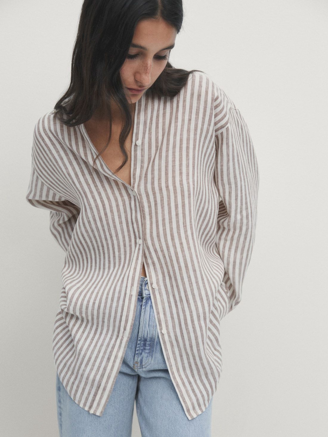 Massimo Dutti Linen Striped Oversize Women Blouse Chocolate / White | US-IJ2749685