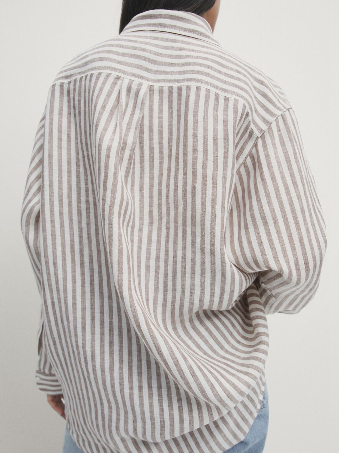 Massimo Dutti Linen Striped Oversize Women Blouse Chocolate / White | US-IJ2749685