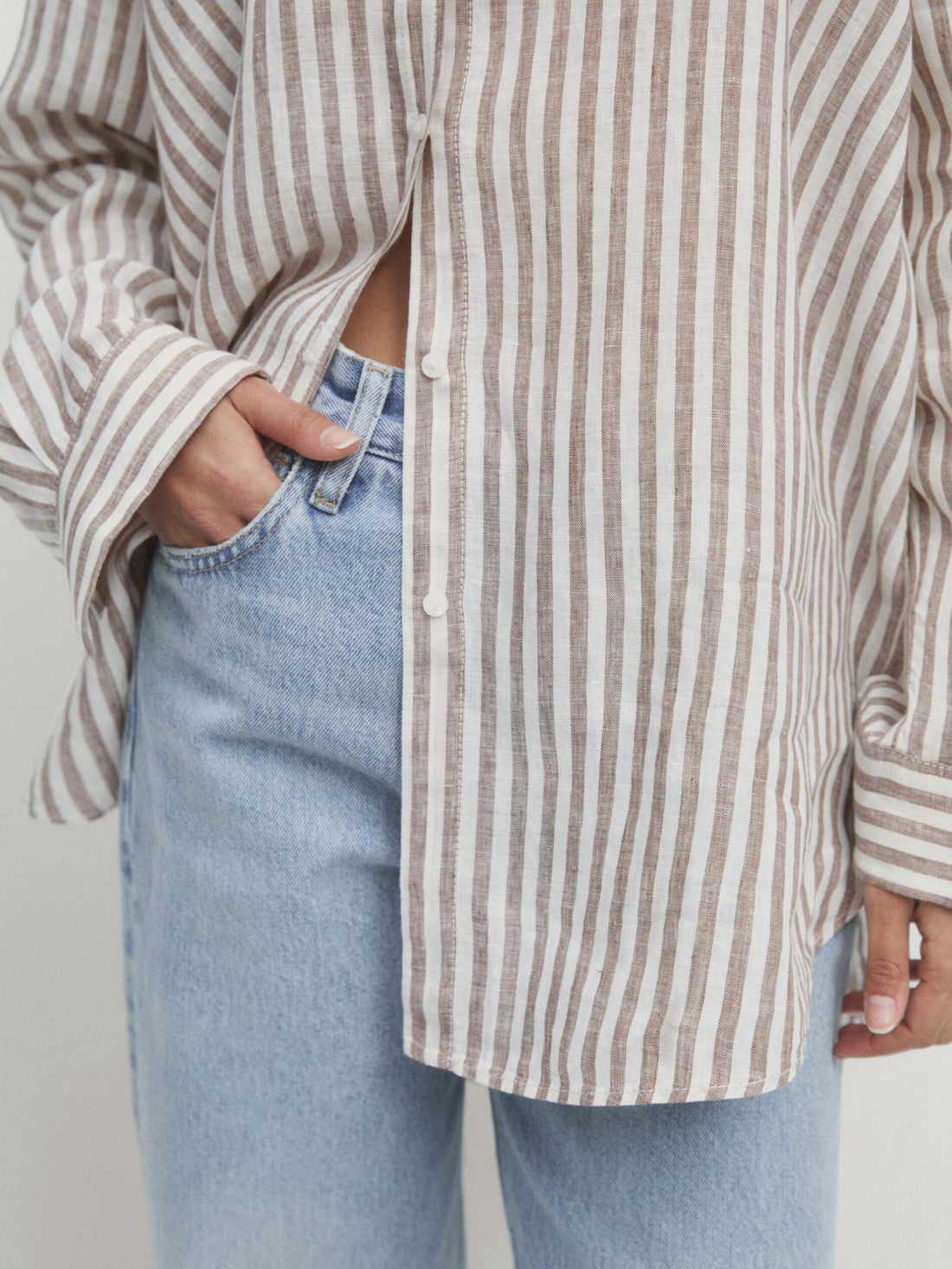 Massimo Dutti Linen Striped Oversize Women Blouse Chocolate / White | US-IJ2749685