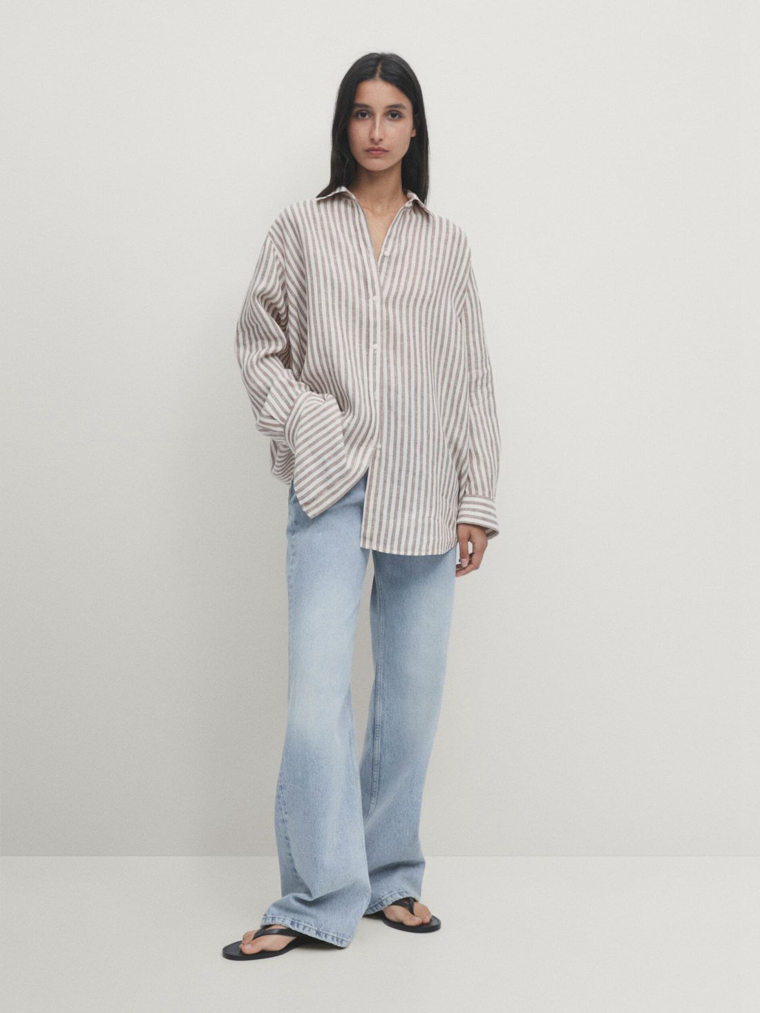 Massimo Dutti Linen Striped Oversize Women Blouse Chocolate / White | US-IJ2749685