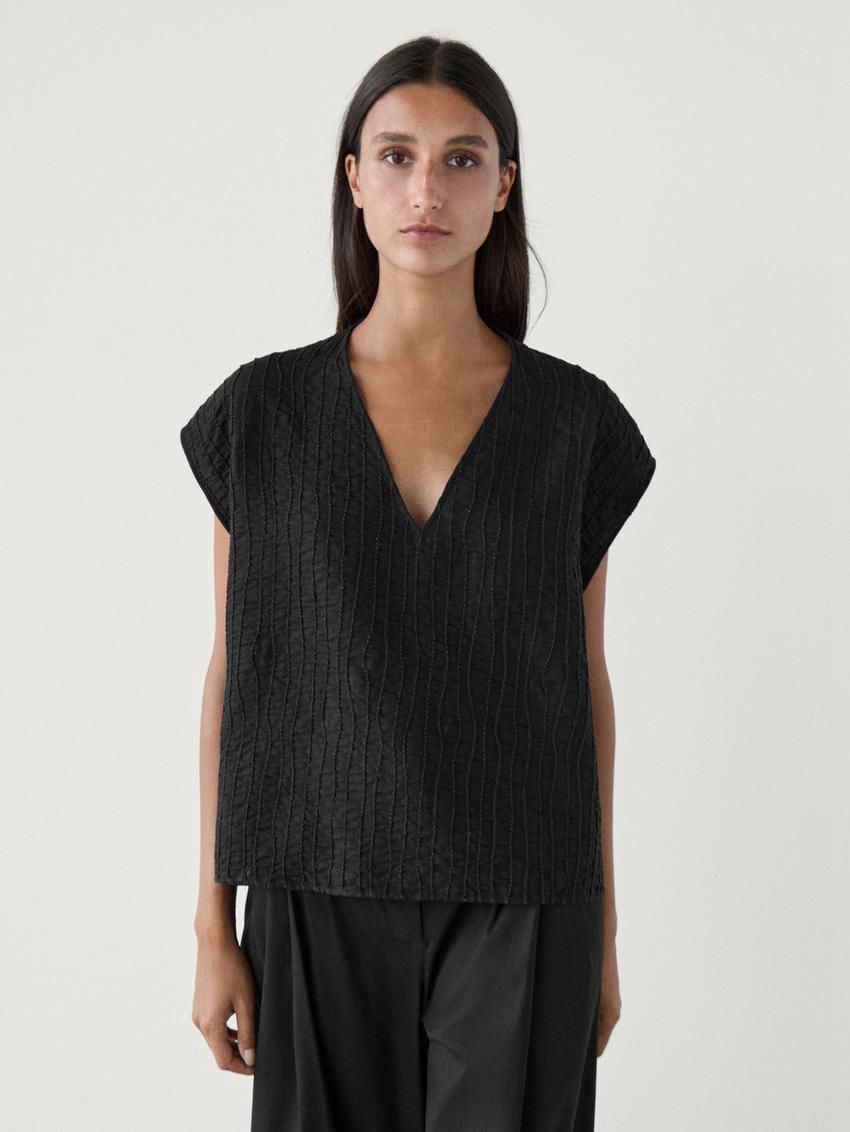 Massimo Dutti Linen Textured With V-neckline Women Blouse Black | US-HI4152879