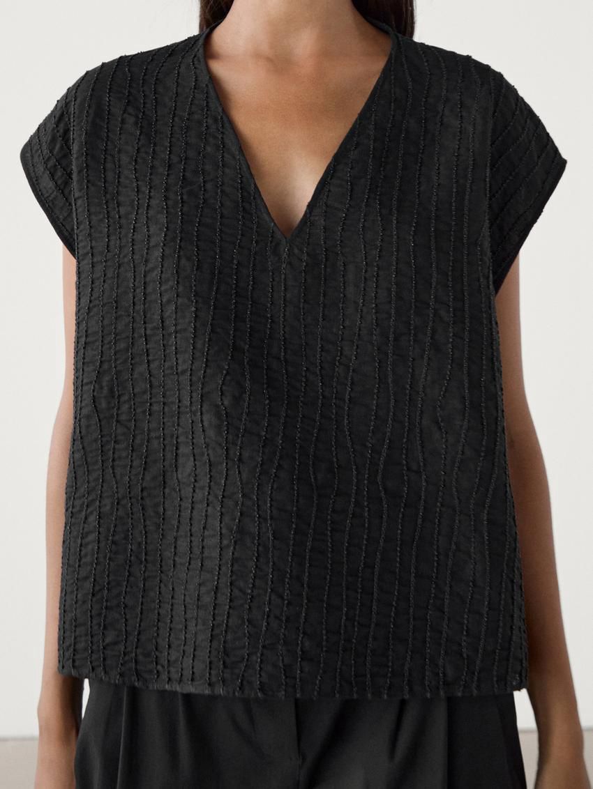 Massimo Dutti Linen Textured With V-neckline Women Blouse Black | US-HI4152879