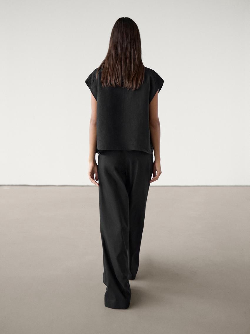 Massimo Dutti Linen Textured With V-neckline Women Blouse Black | US-HI4152879