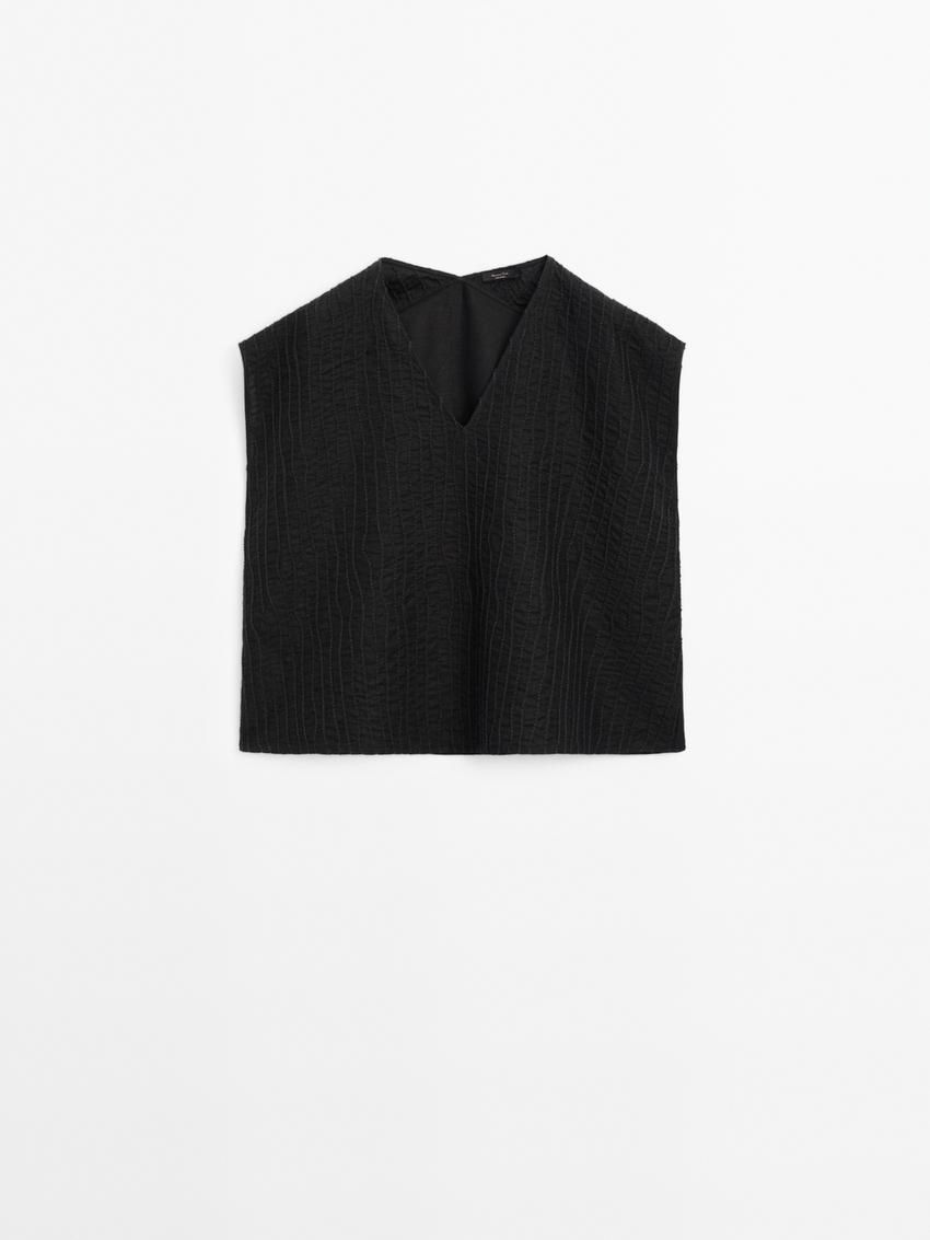 Massimo Dutti Linen Textured With V-neckline Women Blouse Black | US-HI4152879