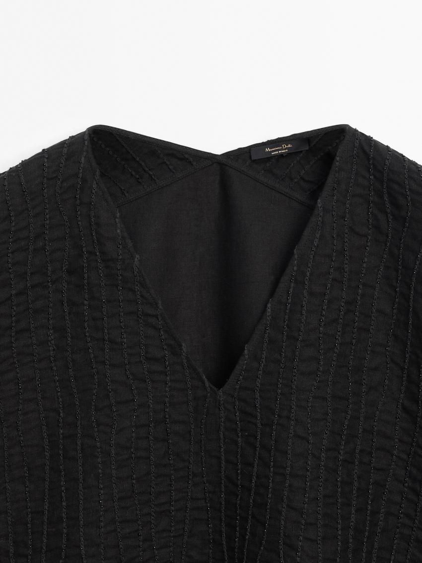 Massimo Dutti Linen Textured With V-neckline Women Blouse Black | US-HI4152879