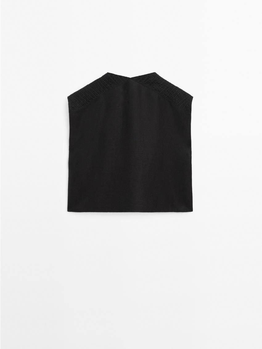 Massimo Dutti Linen Textured With V-neckline Women Blouse Black | US-HI4152879