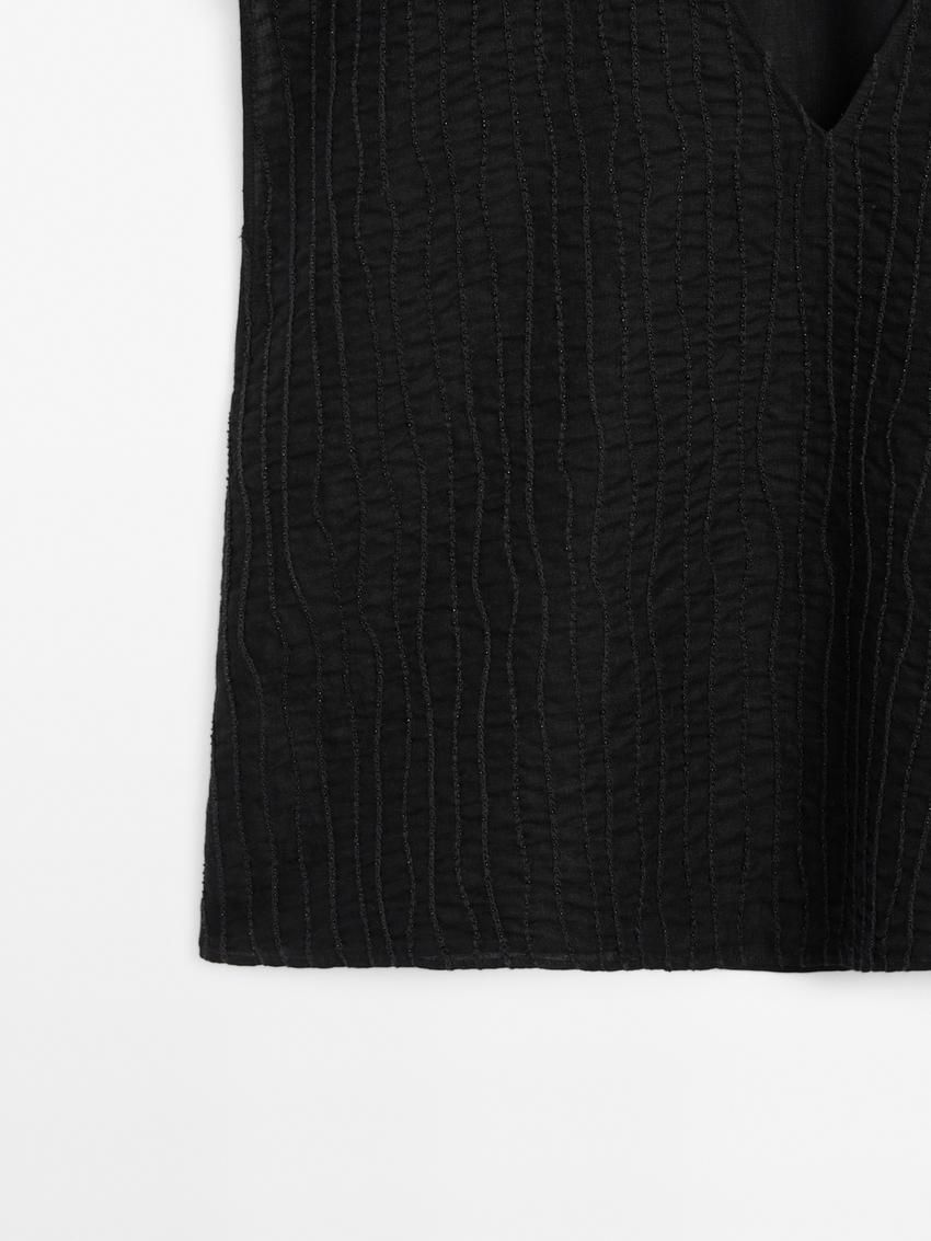 Massimo Dutti Linen Textured With V-neckline Women Blouse Black | US-HI4152879