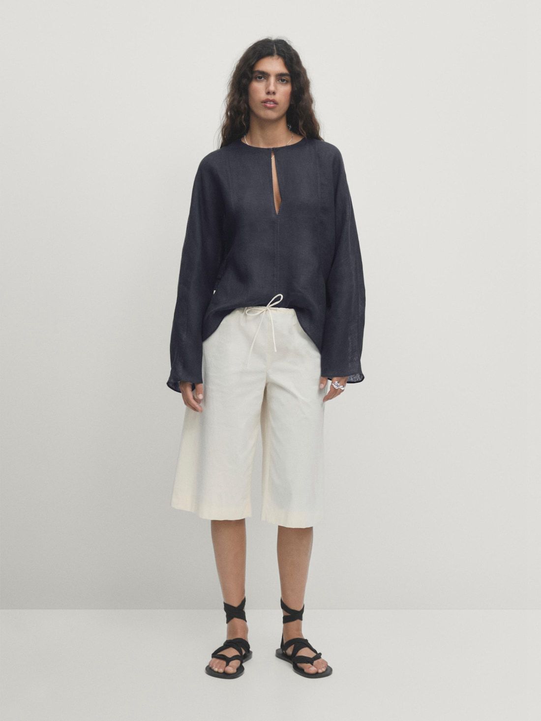 Massimo Dutti Linen V-neck Women Blouse Navy | US-UE7410298