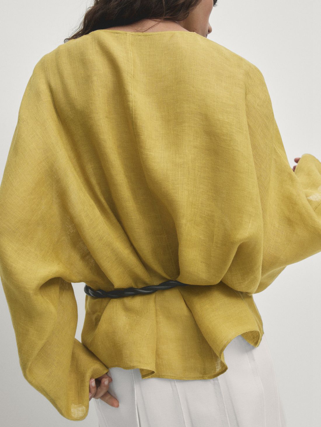 Massimo Dutti Linen V-neck Women Blouse Yellow | US-EL7468352