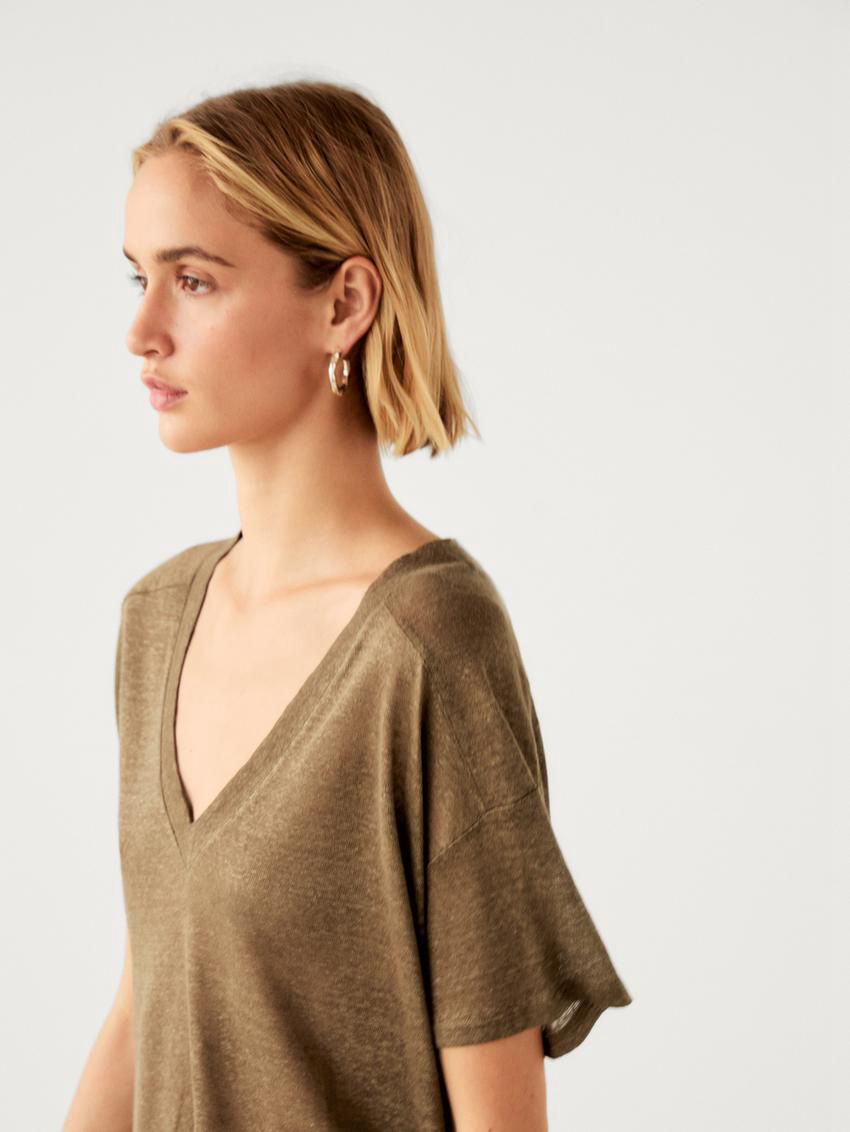 Massimo Dutti Linen V-neck Women T-Shirt Dark Brown | US-GQ4987130