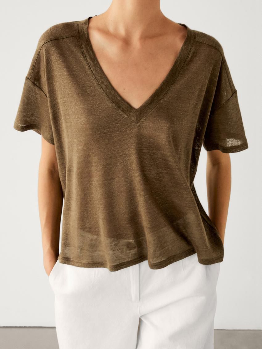 Massimo Dutti Linen V-neck Women T-Shirt Dark Brown | US-GQ4987130