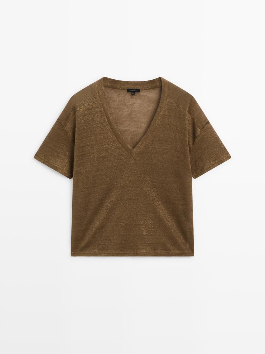 Massimo Dutti Linen V-neck Women T-Shirt Dark Brown | US-GQ4987130