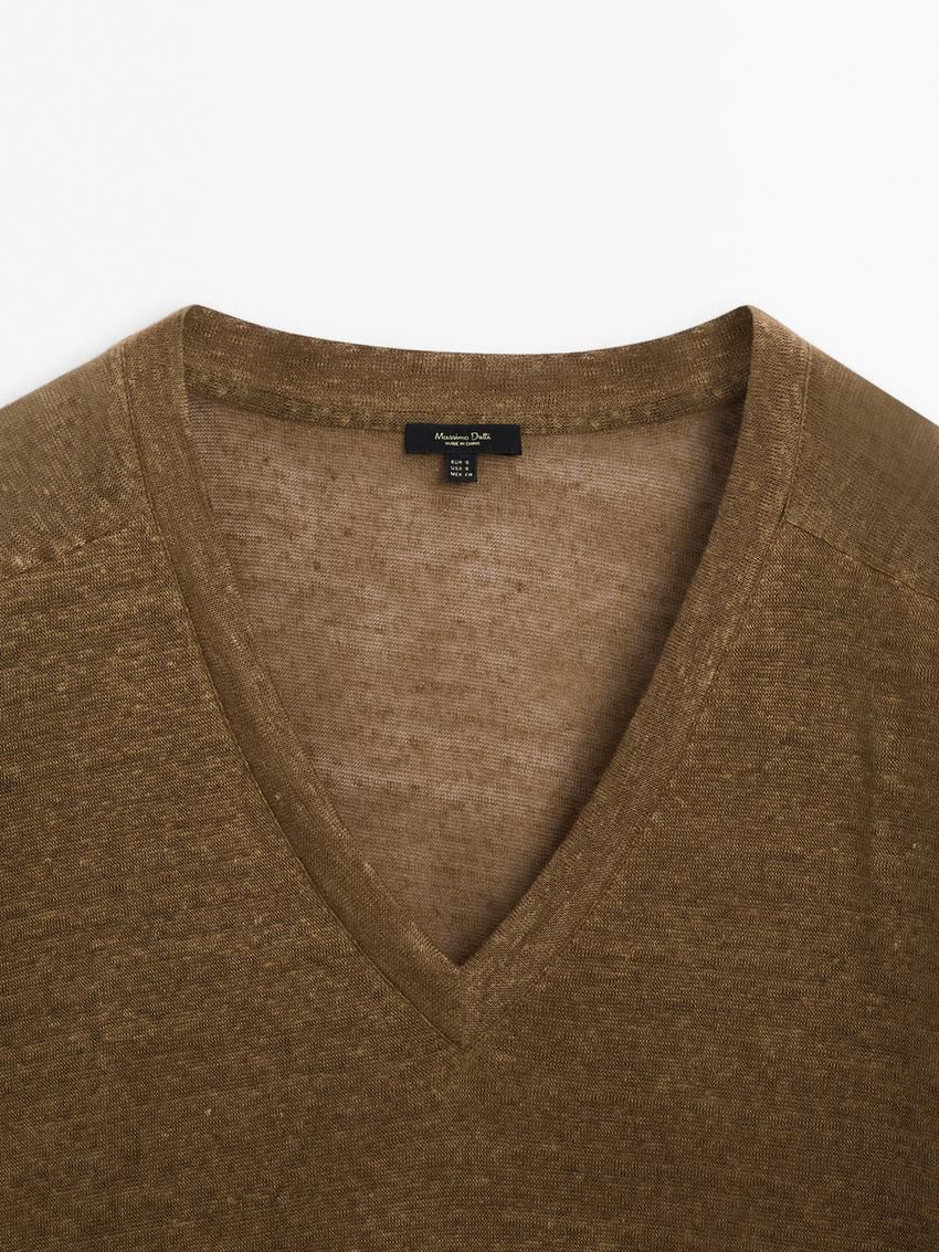 Massimo Dutti Linen V-neck Women T-Shirt Dark Brown | US-GQ4987130