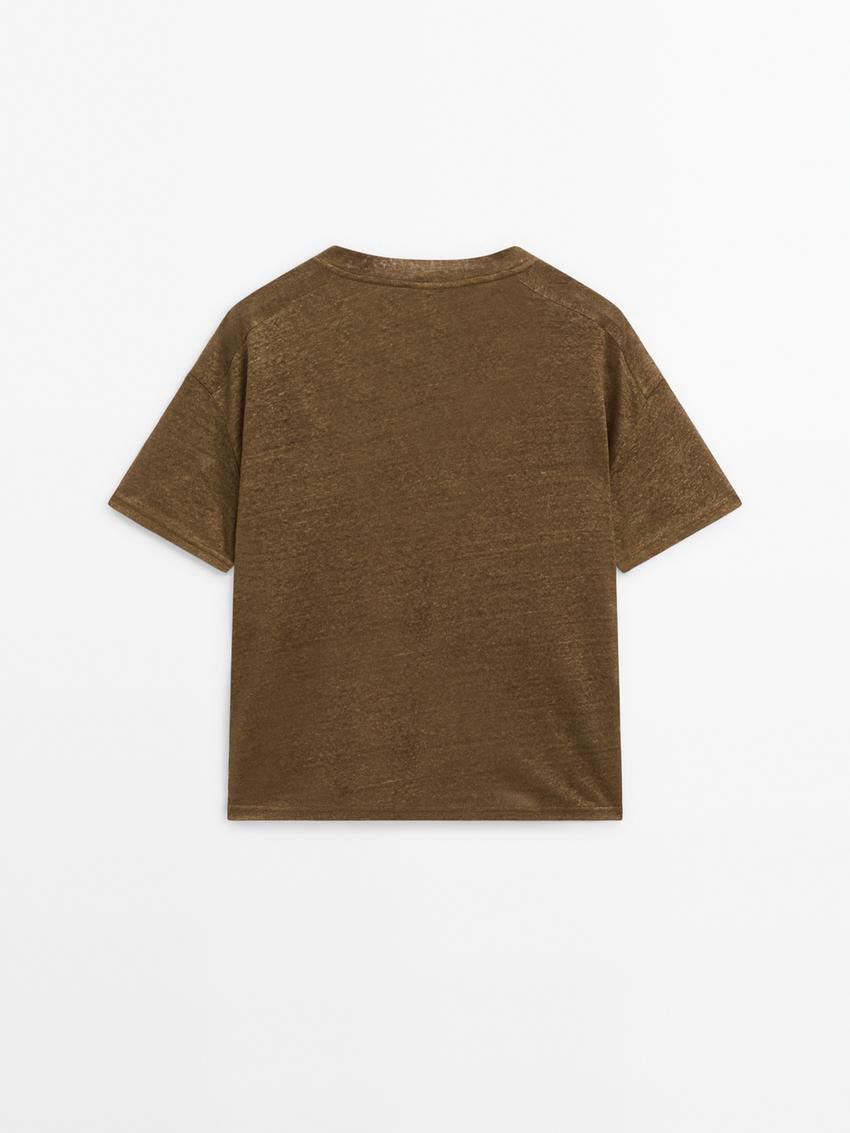Massimo Dutti Linen V-neck Women T-Shirt Dark Brown | US-GQ4987130
