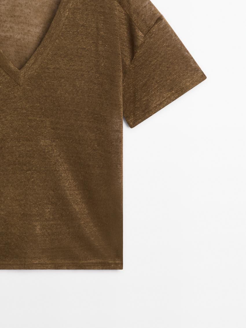 Massimo Dutti Linen V-neck Women T-Shirt Dark Brown | US-GQ4987130