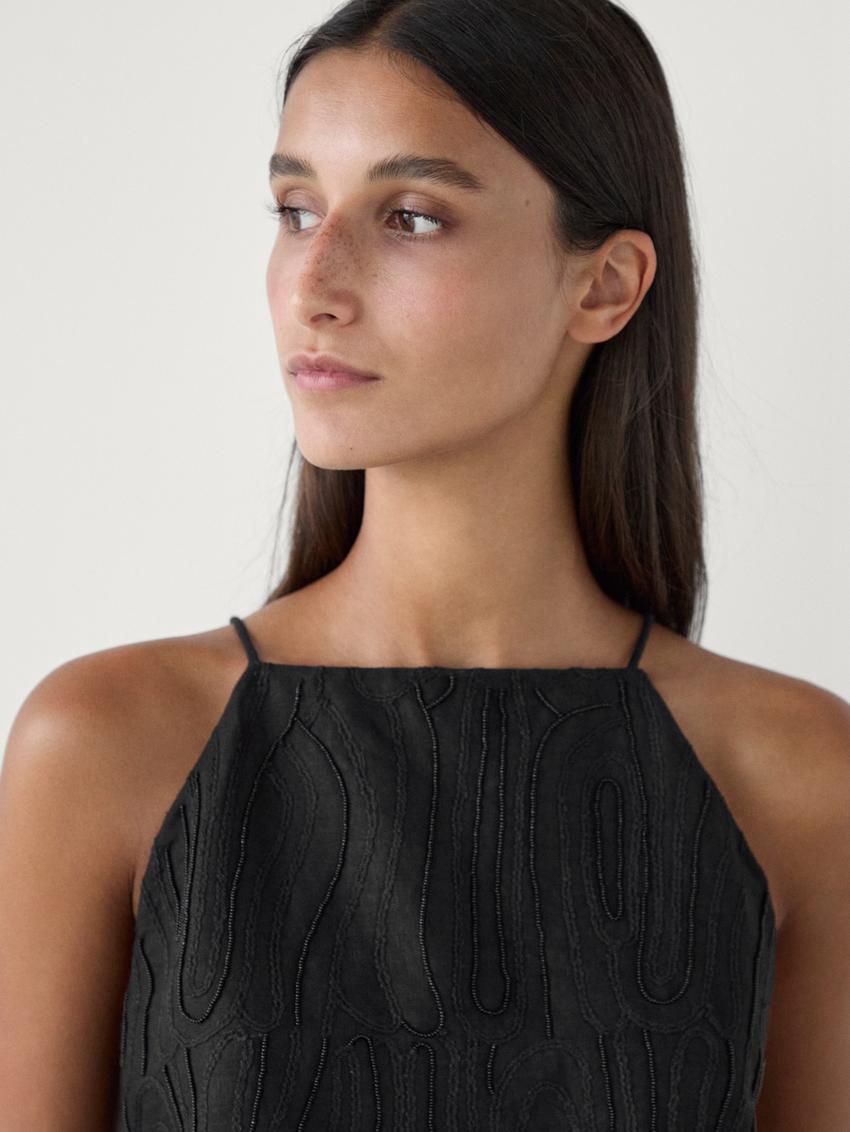 Massimo Dutti Linen With Embroidered Detail Women Top Black | US-UR6047312