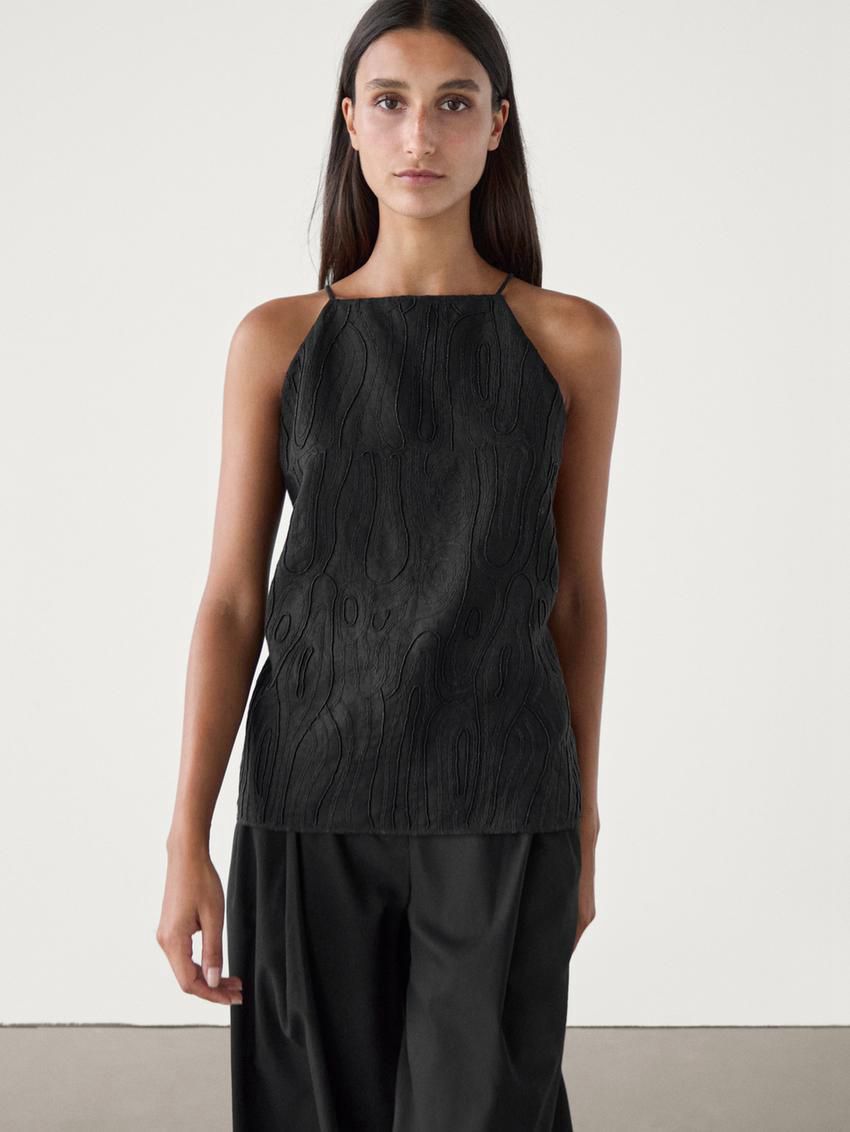Massimo Dutti Linen With Embroidered Detail Women Top Black | US-UR6047312