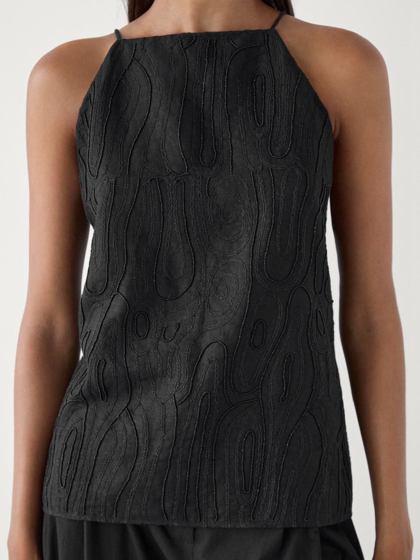 Massimo Dutti Linen With Embroidered Detail Women Top Black | US-UR6047312