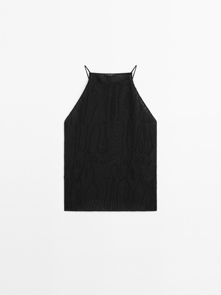 Massimo Dutti Linen With Embroidered Detail Women Top Black | US-UR6047312