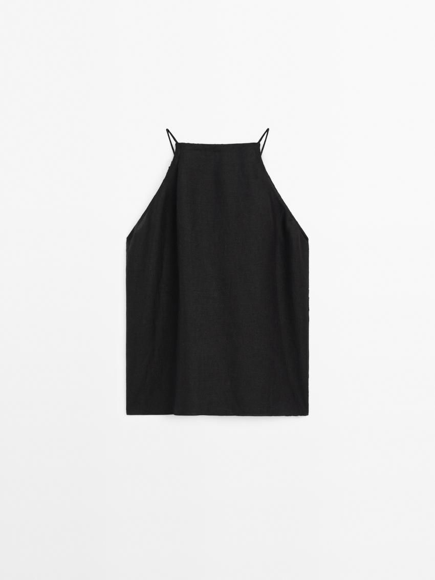 Massimo Dutti Linen With Embroidered Detail Women Top Black | US-UR6047312