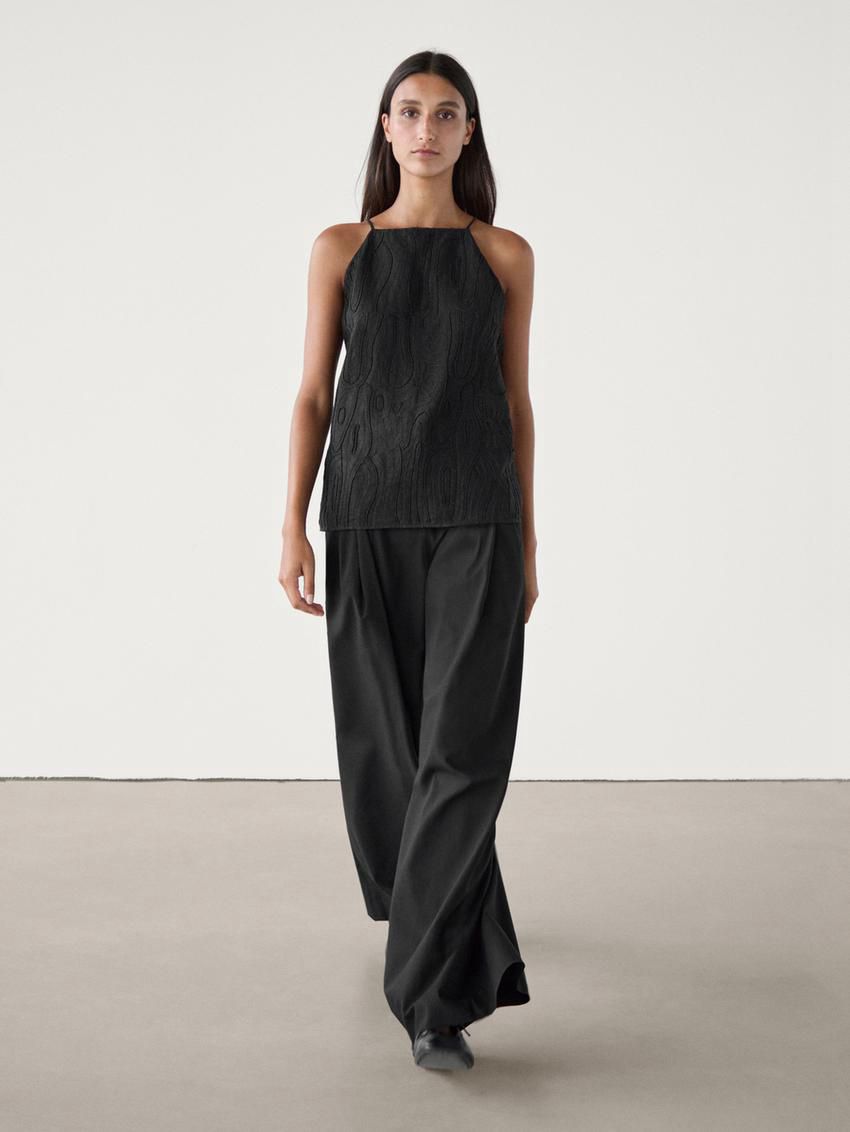 Massimo Dutti Linen With Embroidered Detail Women Top Black | US-UR6047312