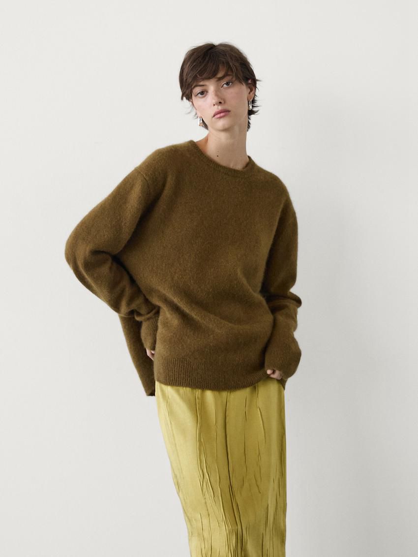 Massimo Dutti Long Brushed Cashmere Blend Women Sweater Olive | US-GX4186709