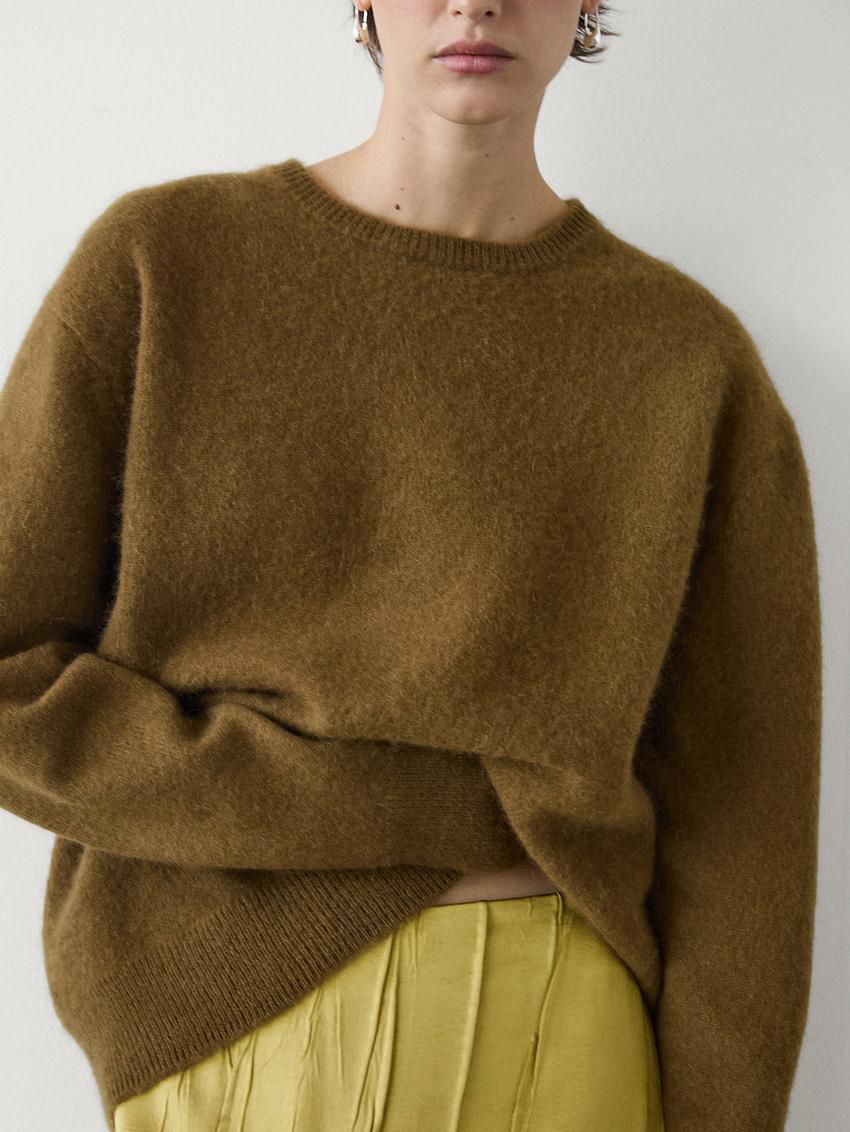 Massimo Dutti Long Brushed Cashmere Blend Women Sweater Olive | US-GX4186709