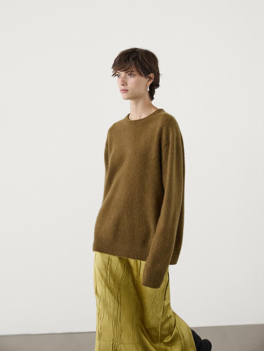 Massimo Dutti Long Brushed Cashmere Blend Women Sweater Olive | US-GX4186709