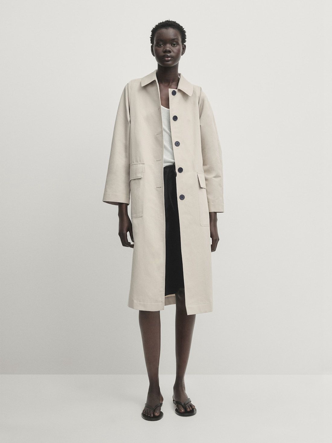 Massimo Dutti Long Cotton Blend With Buttons Women Trench Coat Cream | US-PJ0785129