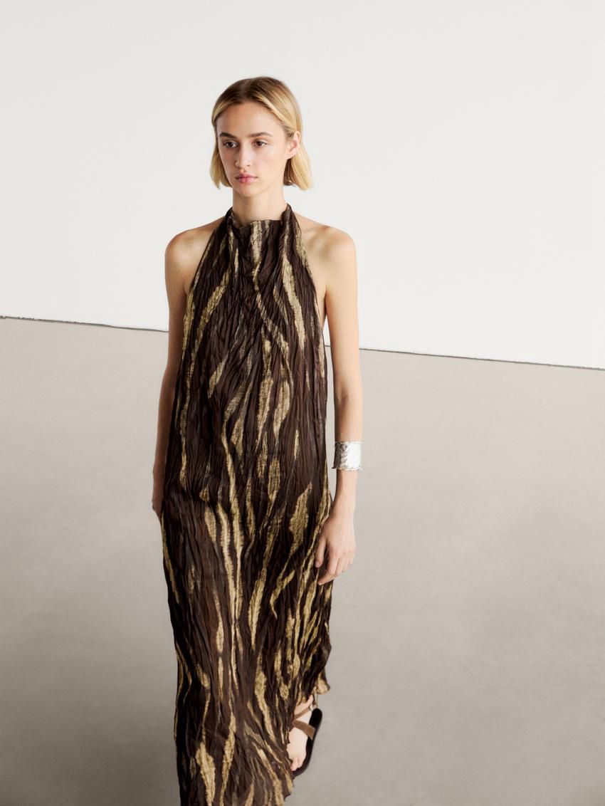 Massimo Dutti Long Creased Print Halter Neck Women Dress Dark Brown | US-DJ9514067