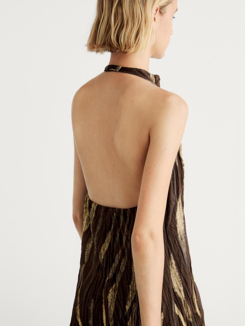 Massimo Dutti Long Creased Print Halter Neck Women Dress Dark Brown | US-DJ9514067