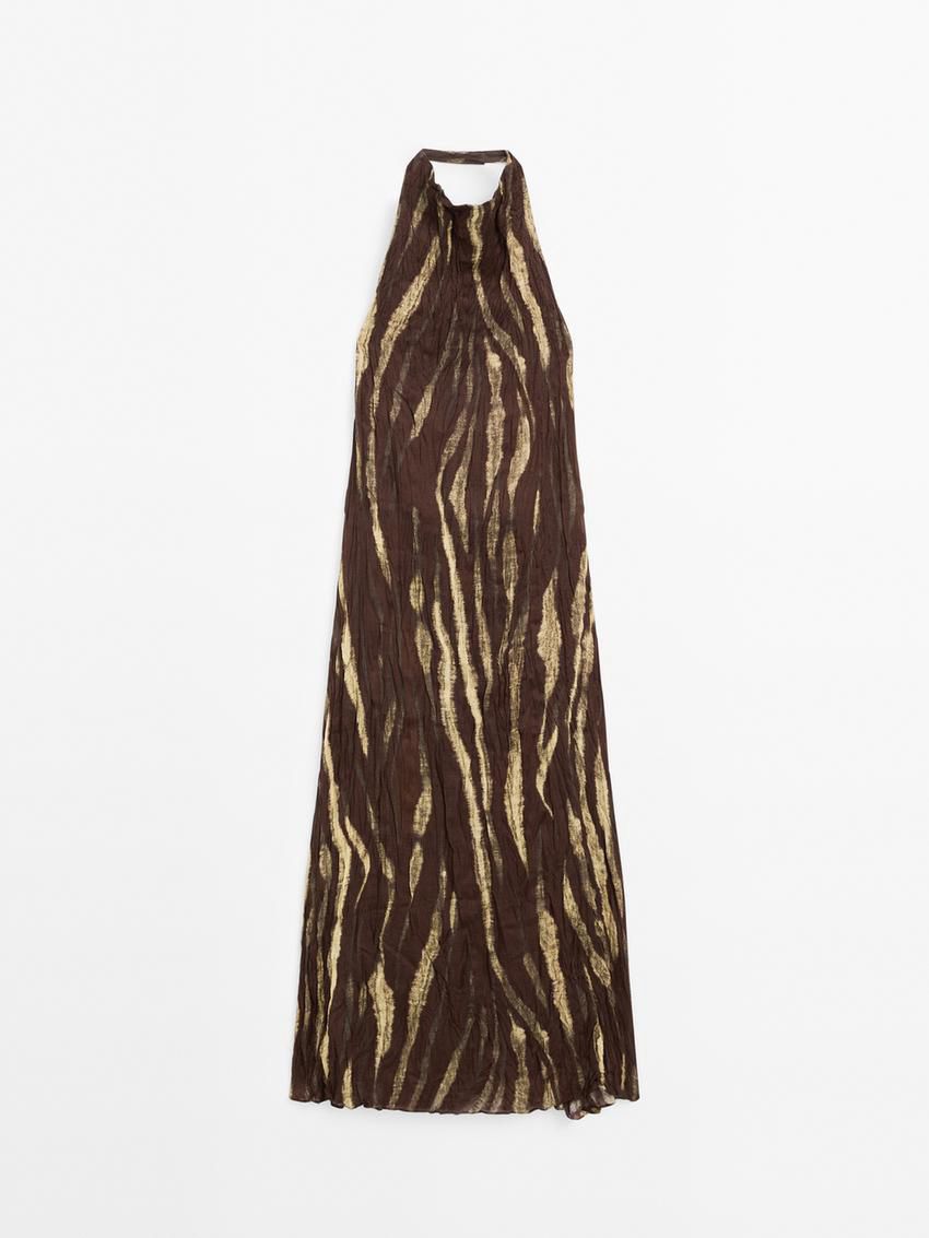 Massimo Dutti Long Creased Print Halter Neck Women Dress Dark Brown | US-DJ9514067