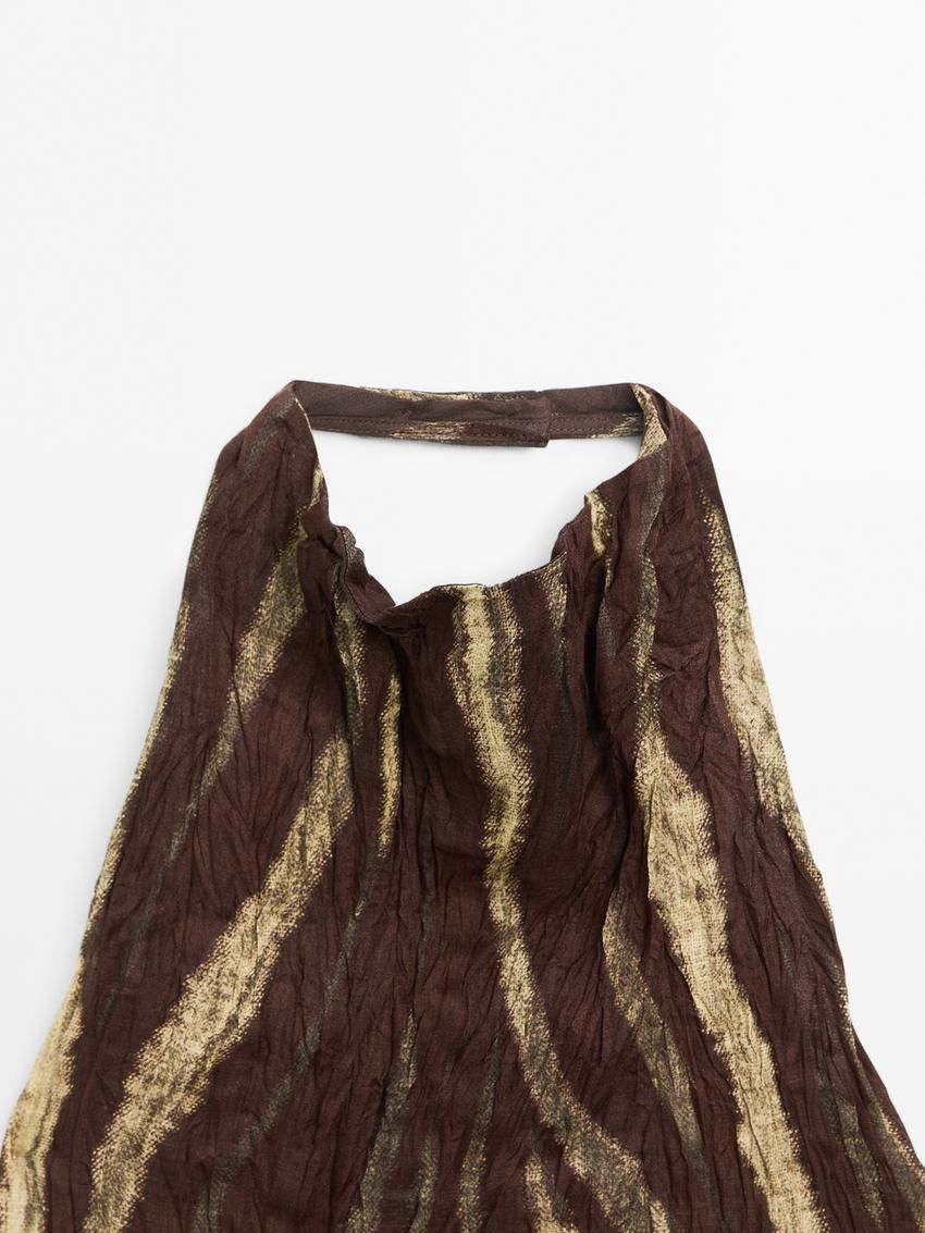 Massimo Dutti Long Creased Print Halter Neck Women Dress Dark Brown | US-DJ9514067