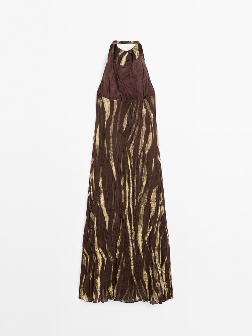Massimo Dutti Long Creased Print Halter Neck Women Dress Dark Brown | US-DJ9514067