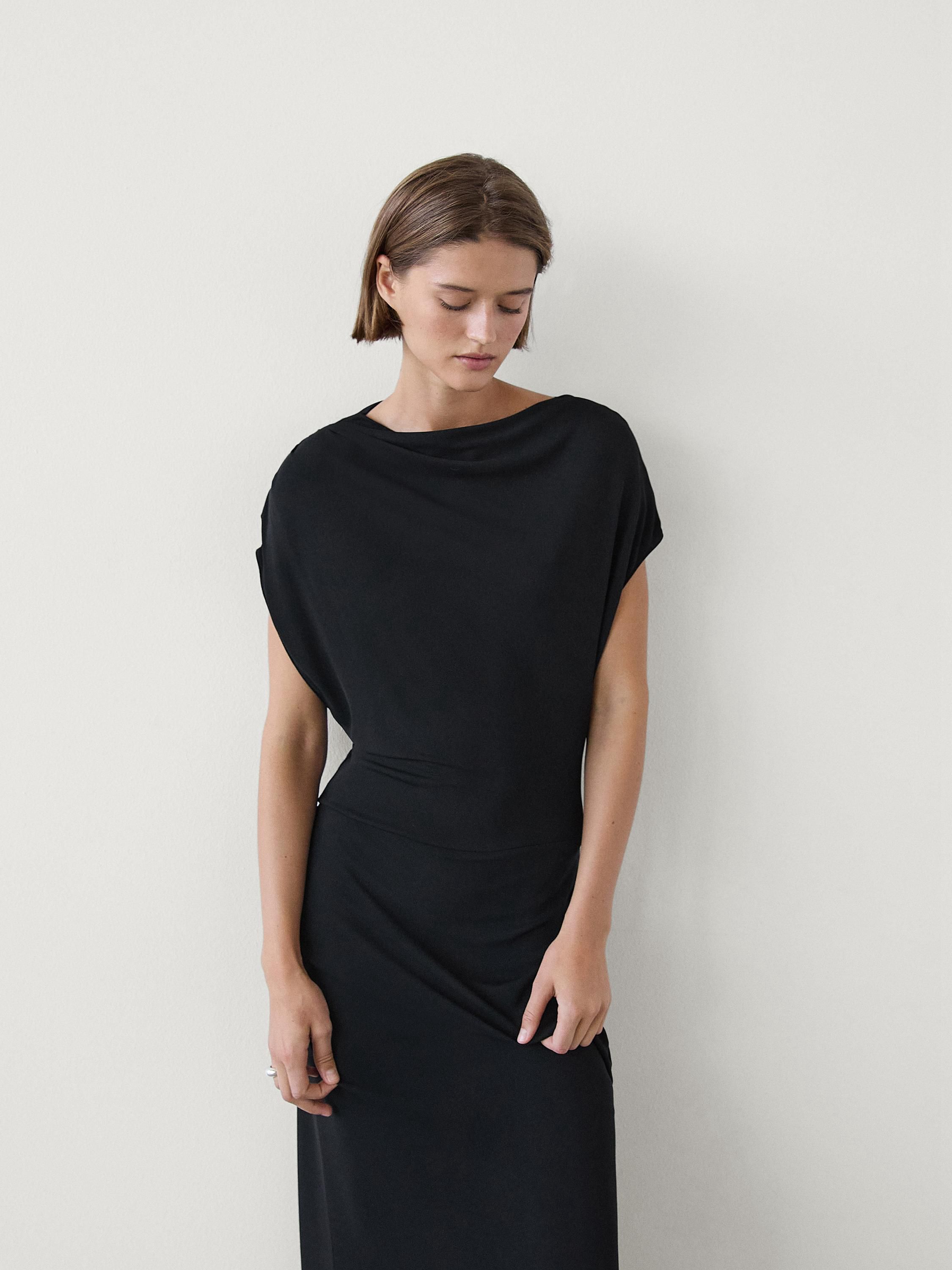 Massimo Dutti Long Draped With Shoulder Detail Women Dress Black | US-CX3254098