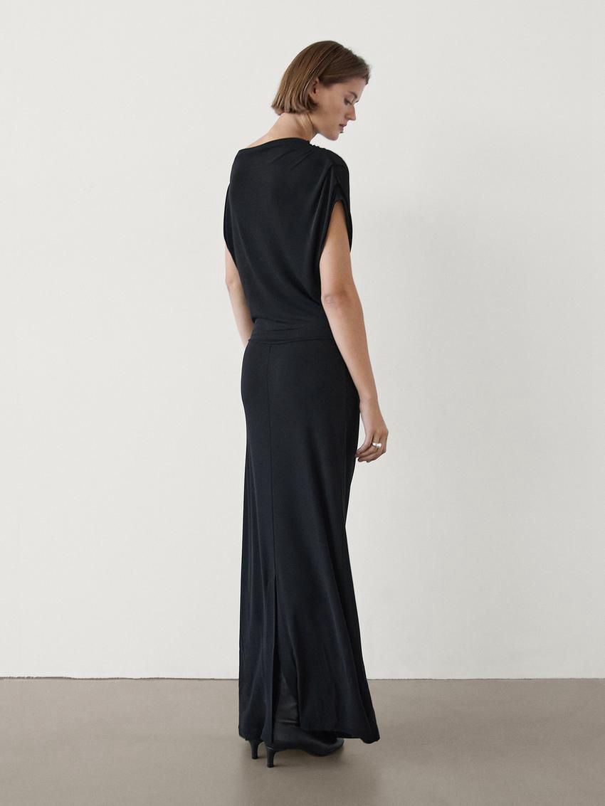 Massimo Dutti Long Draped With Shoulder Detail Women Dress Black | US-CX3254098