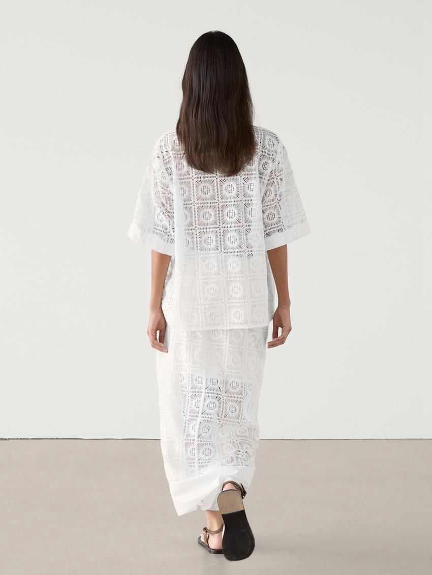 Massimo Dutti Long Embroidered Crochet Co-ord Women Skirts White | US-IO3526948