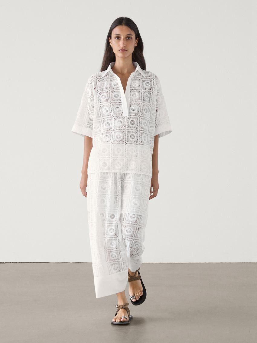 Massimo Dutti Long Embroidered Crochet Co-ord Women Skirts White | US-IO3526948