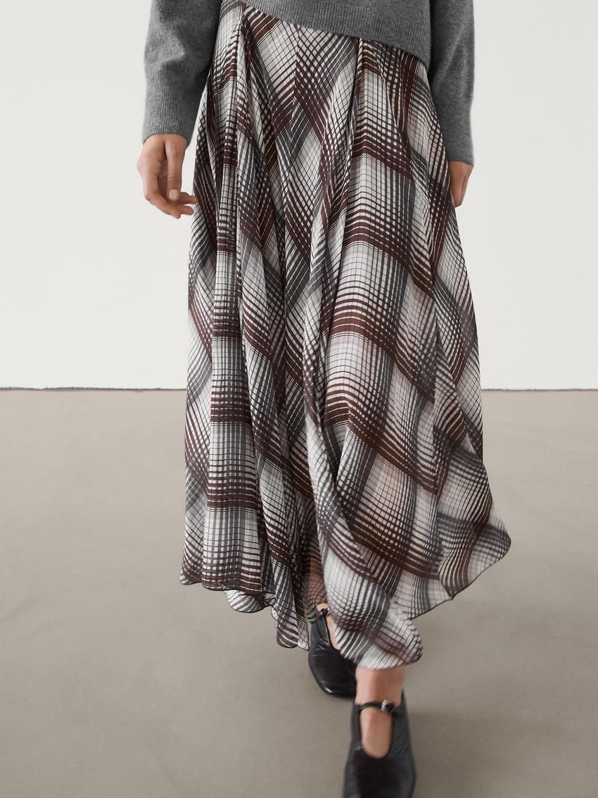 Massimo Dutti Long Flared With Checked Detail Women Skirts Grey / Dark Brown | US-SE9276518