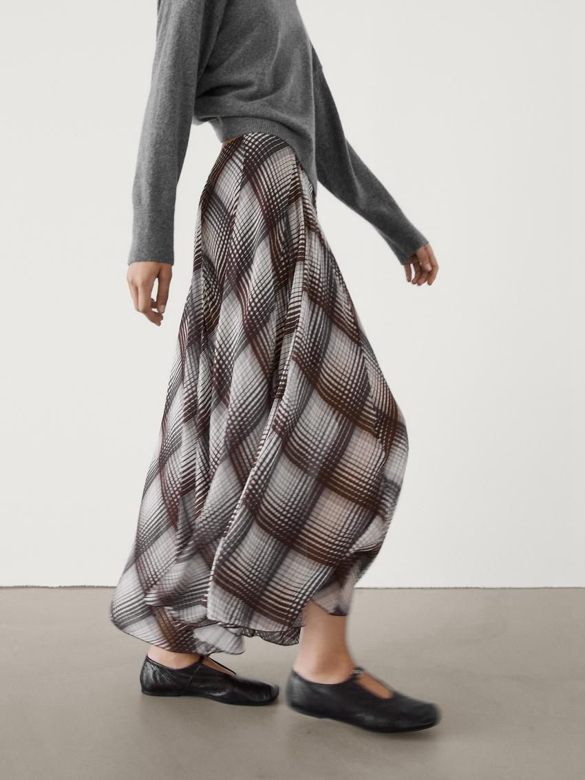 Massimo Dutti Long Flared With Checked Detail Women Skirts Grey / Dark Brown | US-SE9276518