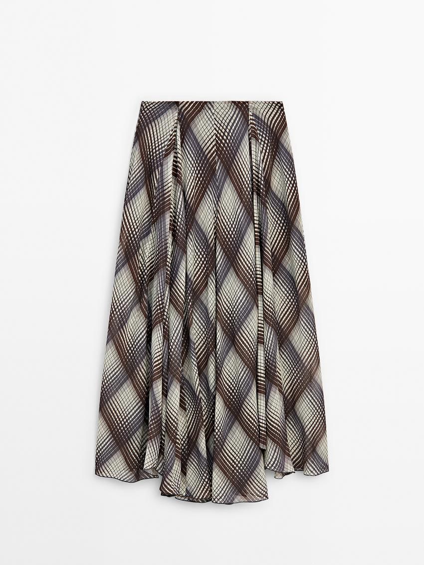 Massimo Dutti Long Flared With Checked Detail Women Skirts Grey / Dark Brown | US-SE9276518