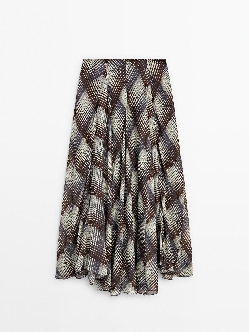 Massimo Dutti Long Flared With Checked Detail Women Skirts Grey / Dark Brown | US-SE9276518