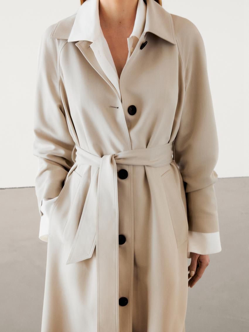 Massimo Dutti Long Flowing With Belt Detail Women Trench Coat Beige | US-DT3421587
