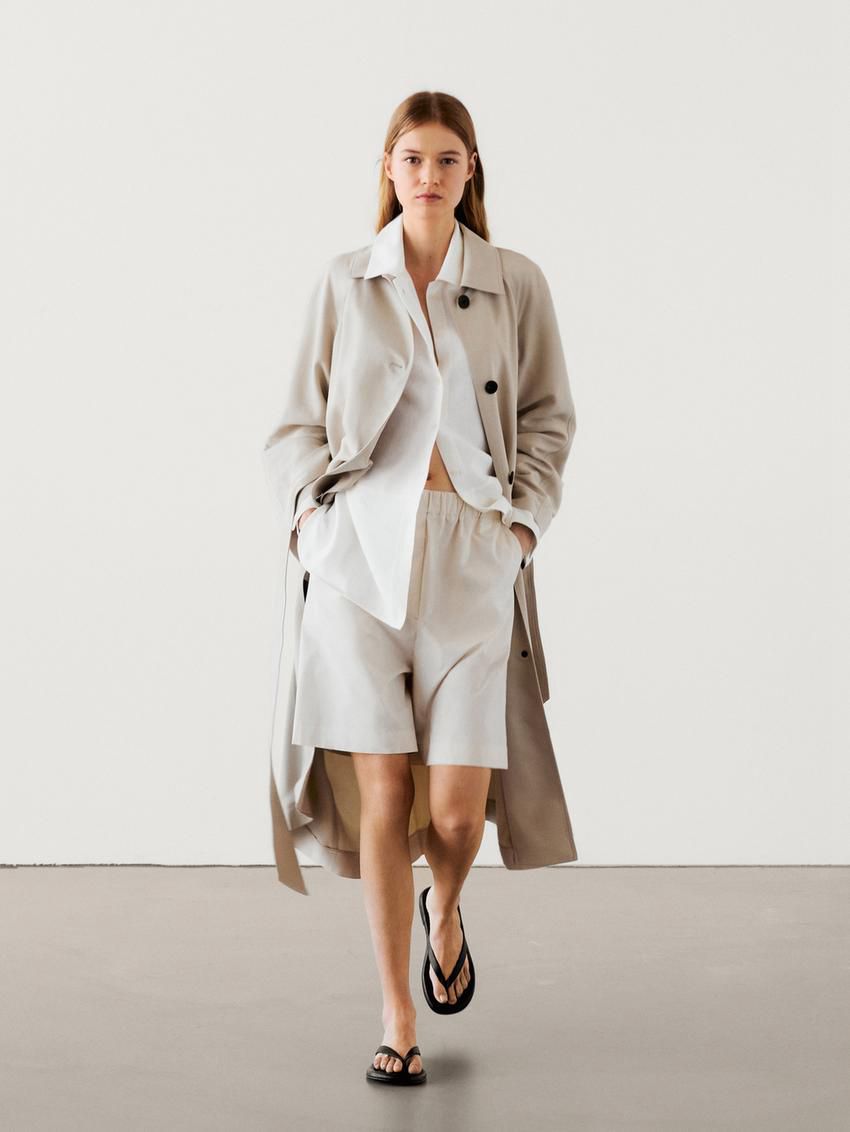 Massimo Dutti Long Flowing With Belt Detail Women Trench Coat Beige | US-DT3421587