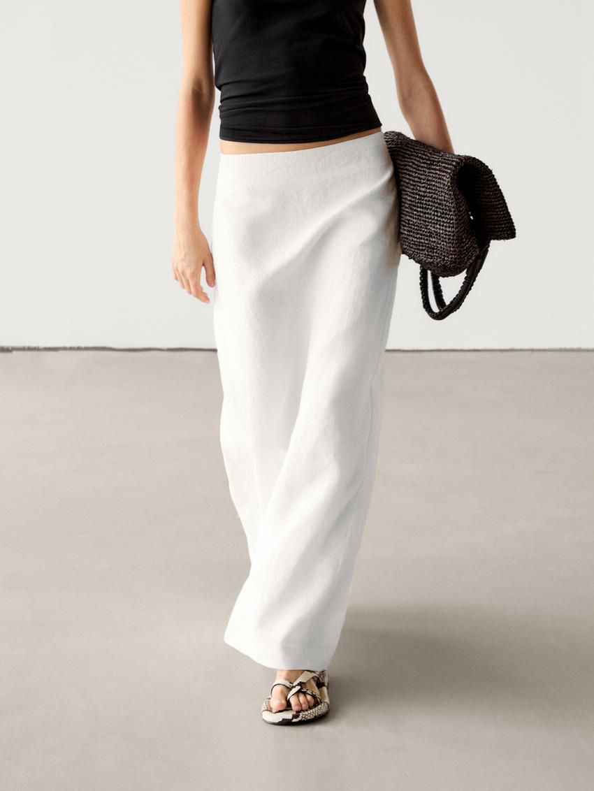 Massimo Dutti Long Linen Blend With Back Slit Women Skirts White | US-FA1562043