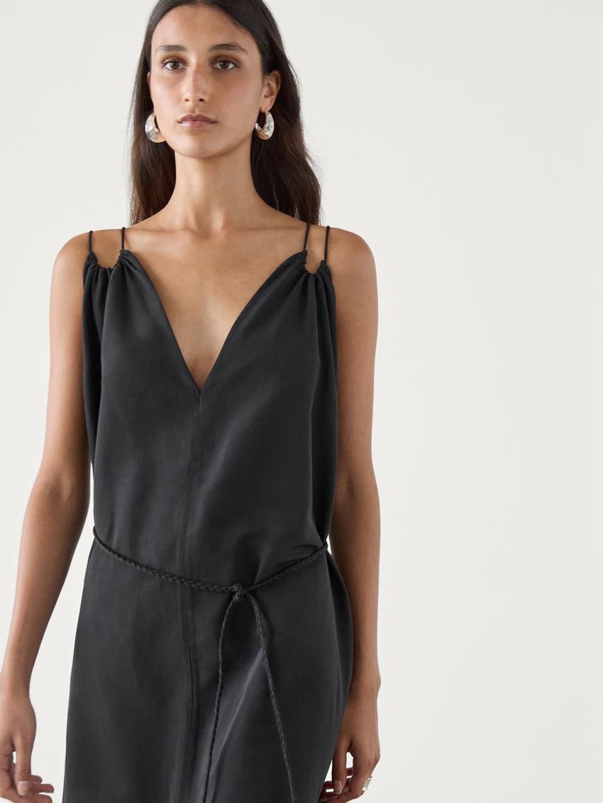 Massimo Dutti Long Linen Blend With Double Straps Women Dress Black | US-YE3546781