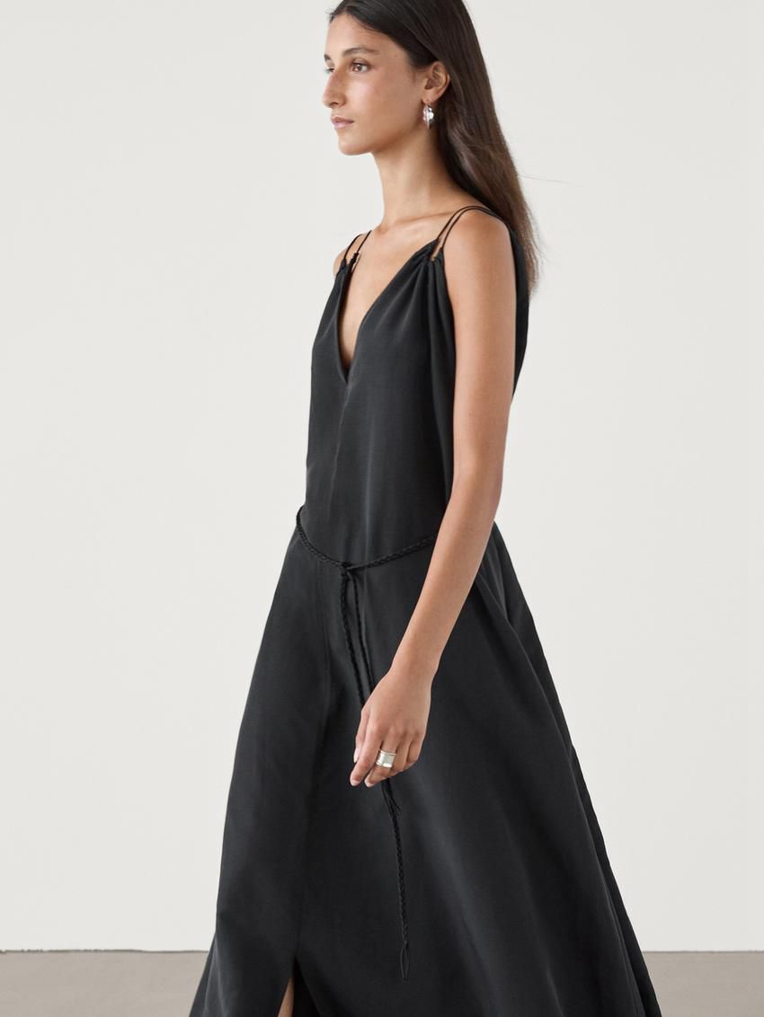 Massimo Dutti Long Linen Blend With Double Straps Women Dress Black | US-YE3546781