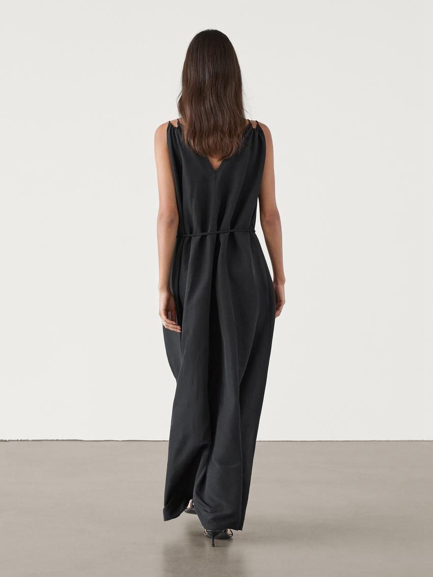Massimo Dutti Long Linen Blend With Double Straps Women Dress Black | US-YE3546781